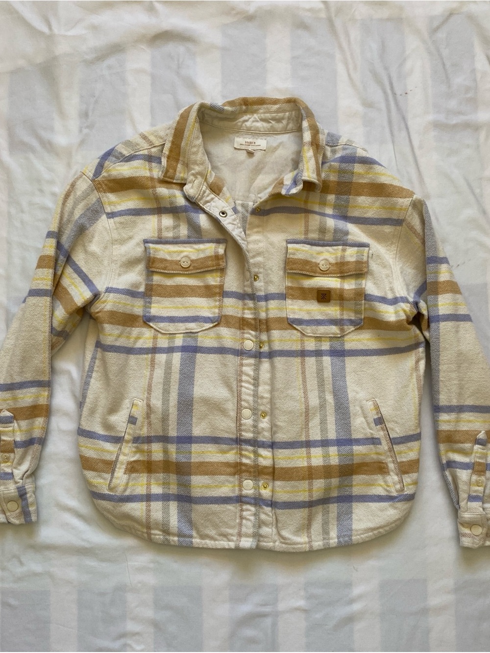 Roark Cream Plaid Shacket with Mustard and Light Blue Stripes